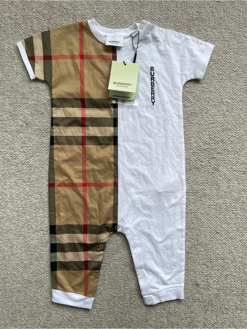NWT Burberry Baby Lenox Vintage Check Logo One Piece Romper, Size 18 months